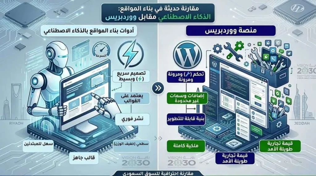 تفتقر المواقع الألكترونية المصممة بالذكاء الصناعي لميزات عدة منها التحكم والقدرة على التطوير والتعديل والامان وغير ذلك